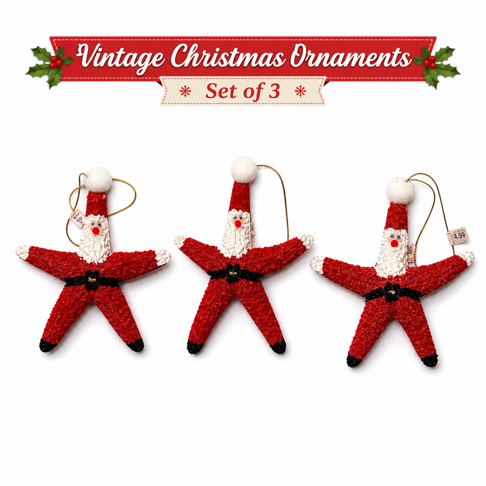VTG 4" Santa Starfish Christmas Ornaments Set of 3 Original Tags Coastal Decor